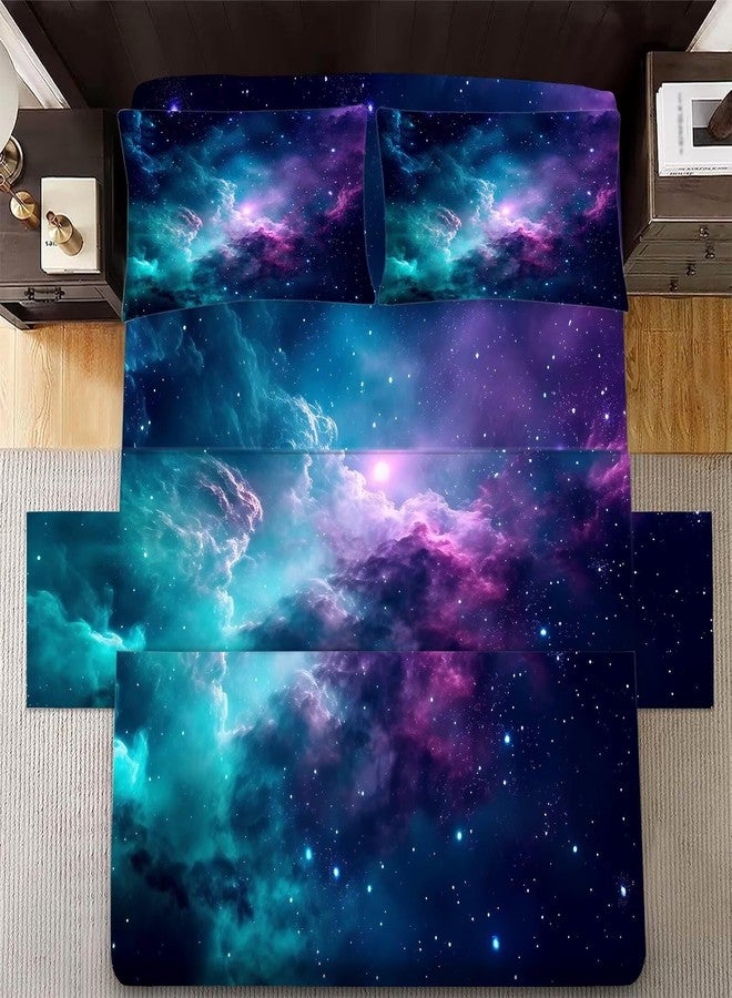 FUYEUN Blue Galaxy Sheet Set Twin: Space Bedding Set for Kids Teens Girls Boys Cloud Starry Sky Bedroom Bed - 1 Flat Sheet, 1 Fitted Sheet, 1 Pillowcase - Image 2